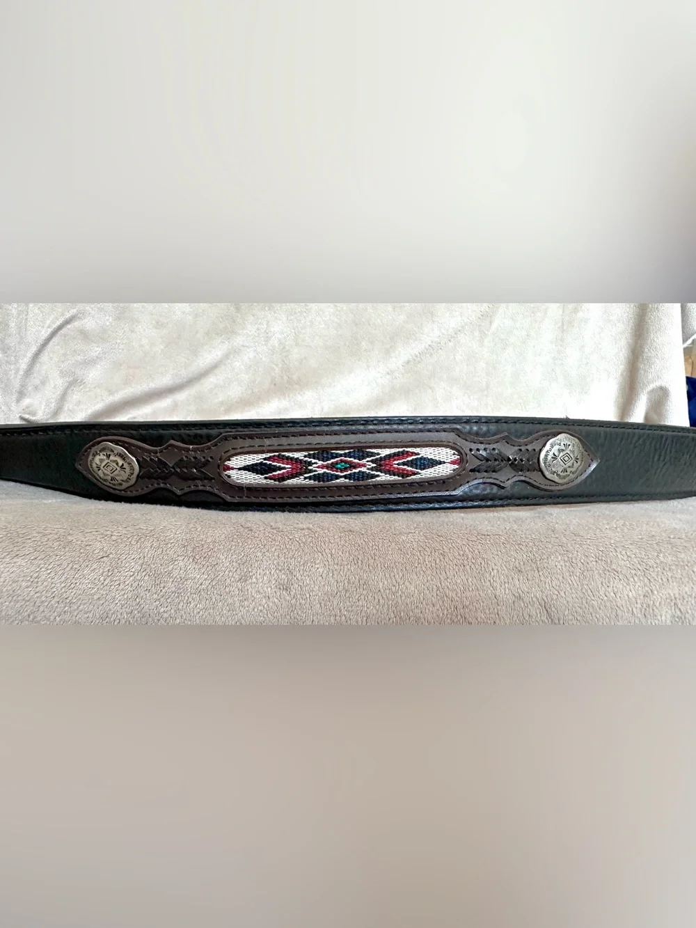 VINTAGE AZTEC THEMED LEATHER BELT & USA BUCKLE.